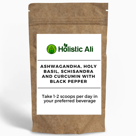 Ashwagandha, Holy Basil, Schisandra, and Curcumin with Black Pepper – A natural adaptogen blend that may help with stress relief, immune support, mental clarity, and inflammation management. Available in 60g and 120g sizes.