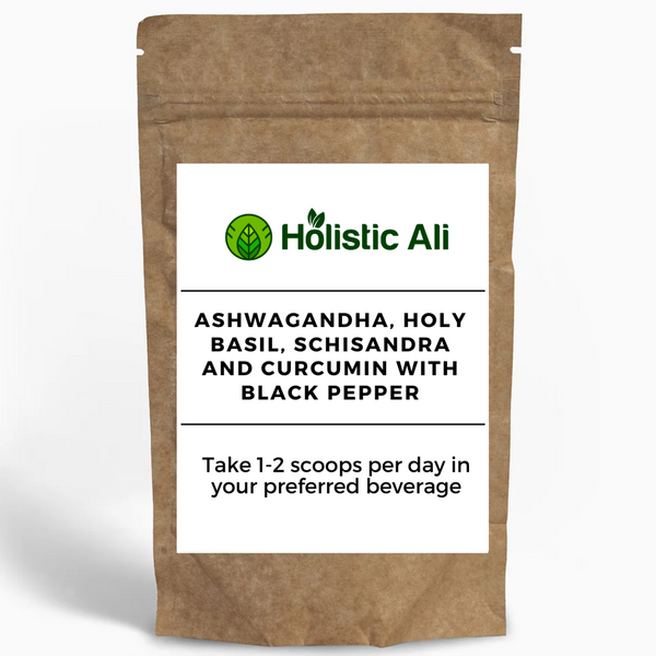 Ashwagandha, Holy Basil, Schisandra, and Curcumin with Black Pepper – A natural adaptogen blend that may help with stress relief, immune support, mental clarity, and inflammation management. Available in 60g and 120g sizes.